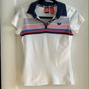 Roxy Girl Cotton 90s Y2K Style Sports Tennis Striped Chest Polo Top Shirt Tee